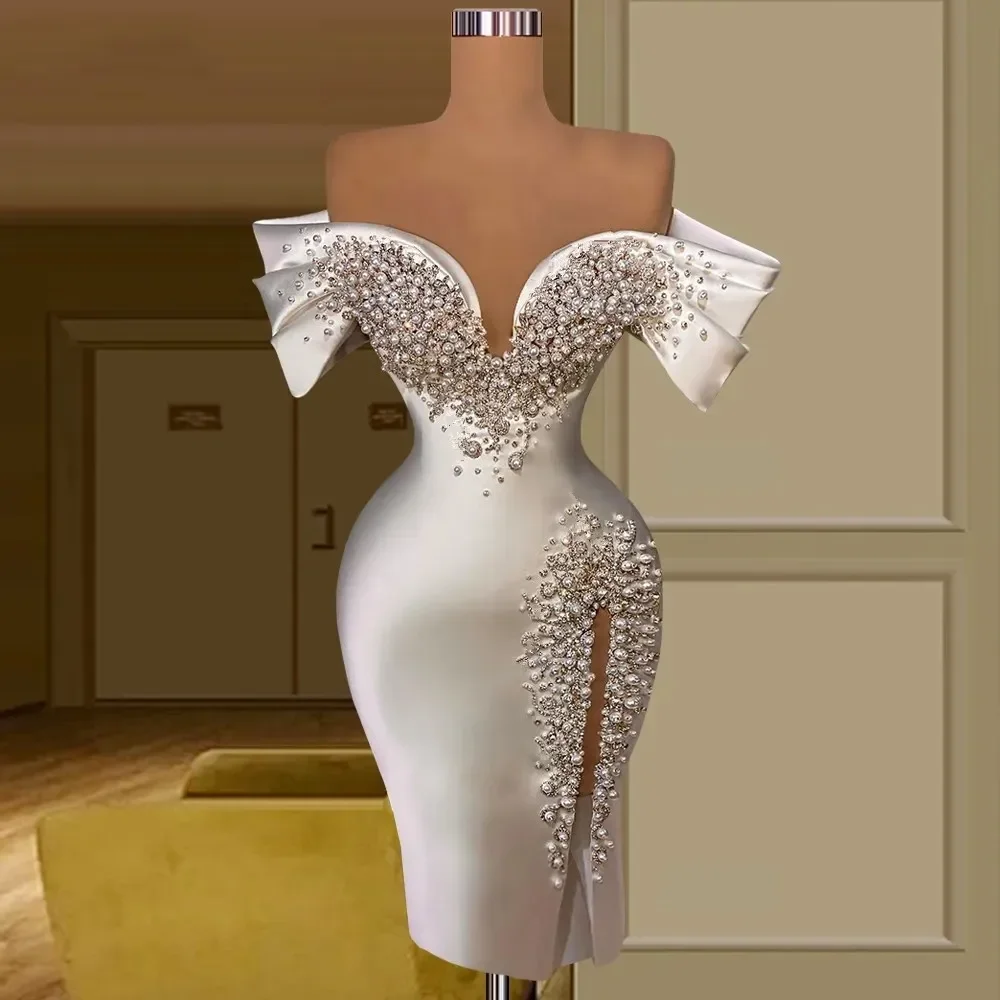 Custom Luxury Off Shoulder Sheath White Short Wedding Dresses Beading Pearls Satin Formal Party Gowns Vestidos Longo Robes