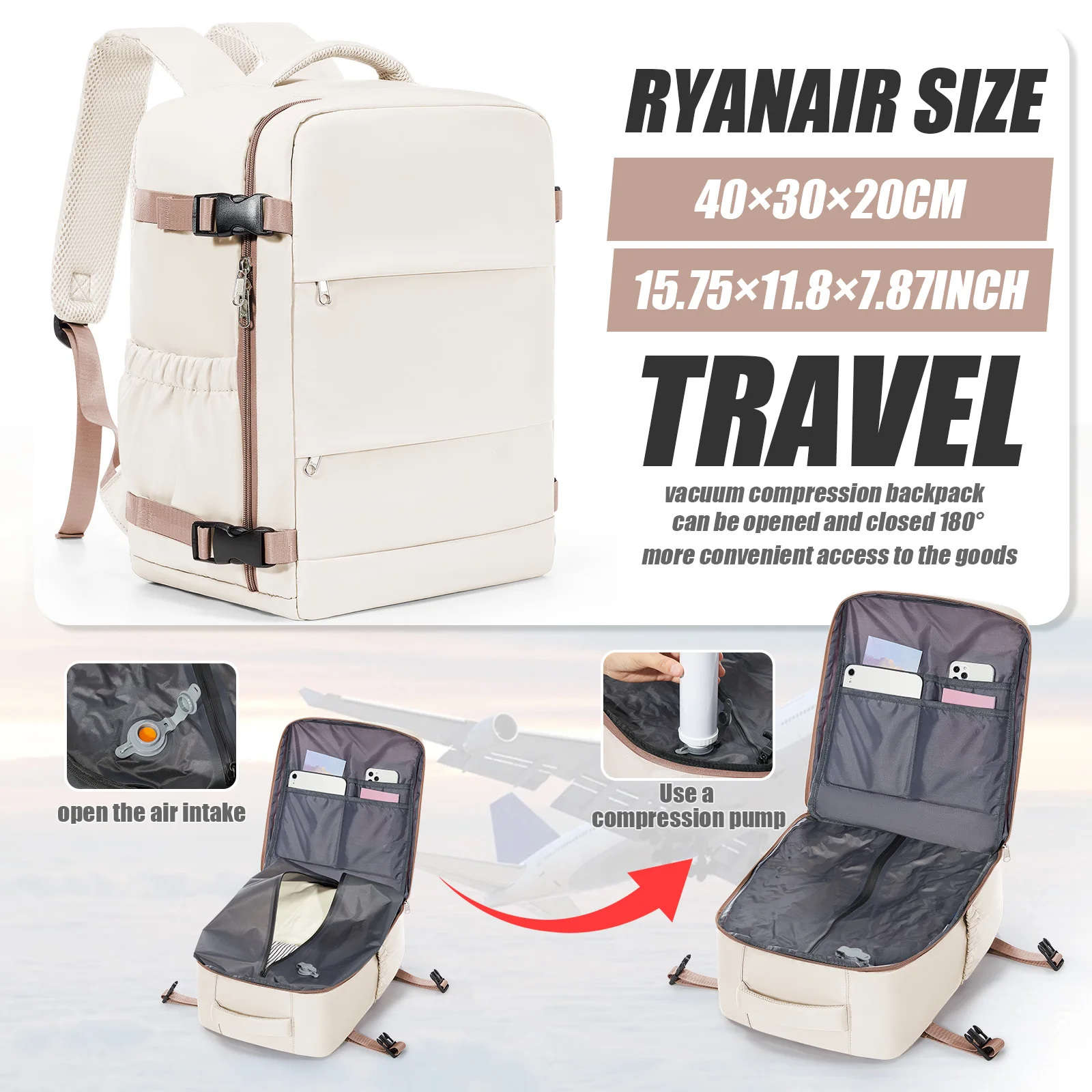 Vacuümrugzak Ryanair 40x30x20 Reisrugzak Korte afstand Zakelijk WizAir Cabin Bag 15,6-inch laptoptas, vrijetijdsrugzak voor heren