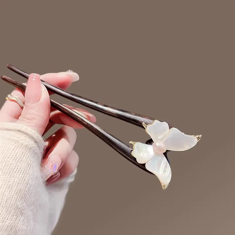 Chinese Style Ebony Hair Stick Mother Of Pearl Butterfly Decor Minimalist Elegant Hairpin For Women Daily Hair Bun Styling Retro