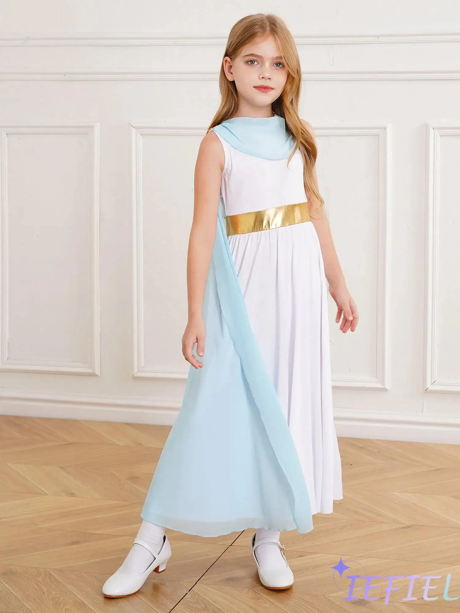 

Girls Ancient Greek Toga Costume Princess Cosplay Patchwork Dress Lyrical Dancewear School Fancy Dress Up Theme Party Show