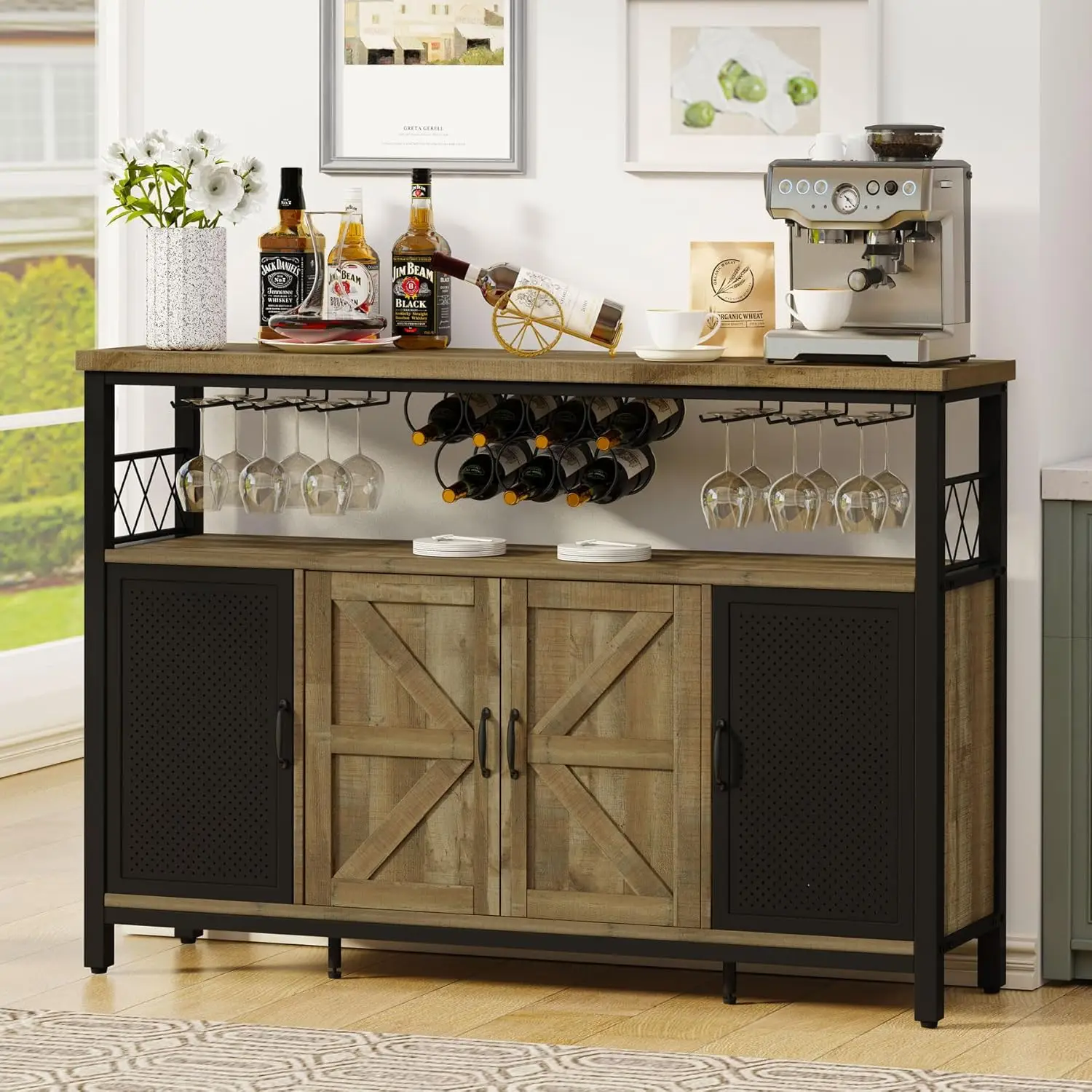 Armário de bebidas para casa, Coffee Bar Gabinete com armazenamento, Farmhouse Aparador Buffet, Wine Rack