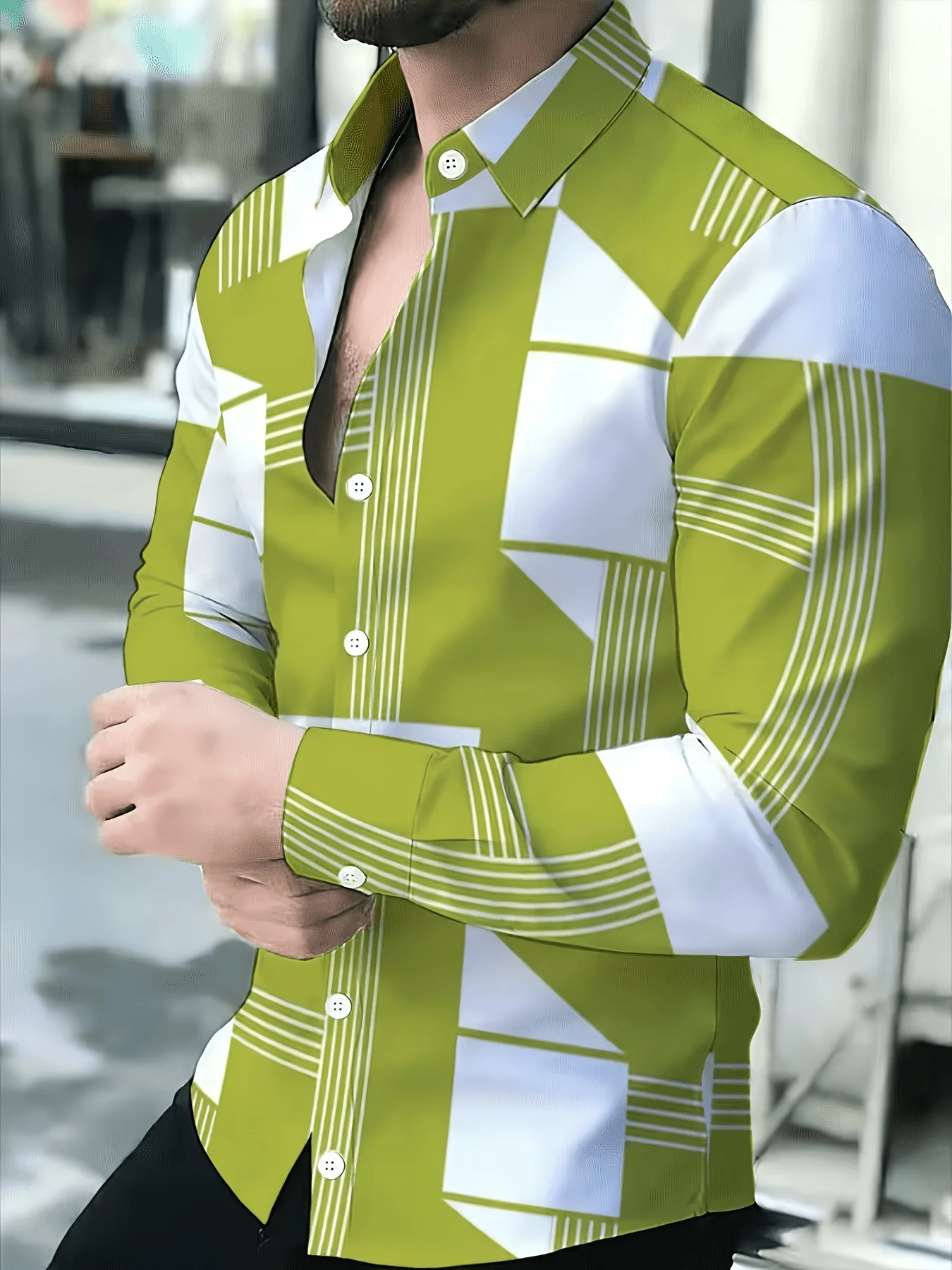 Men Lapel Collar Shirt Fresh Lime‑Green Base Abstract Square Triangle Striped Graphic Polyester Long‑Sleeve Top