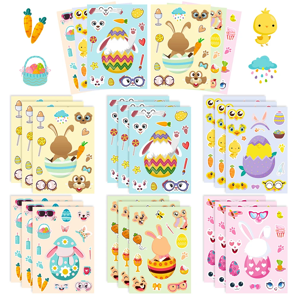 6/12 Vellen Schattige Easter Konijn Puzzel Stickers Maken Een Gezicht Games Diy Speelgoed Feestdecoratie Assembleren Puzzel Sticker Voor Kinderen Sticker