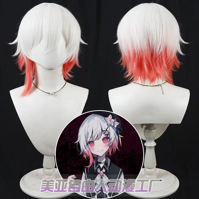 لعبة السحرية فتاة الساحرة محاكمة ساكورابا إيما شعر مستعار تأثيري قصير أبيض وردي التدرج الشعر مقاومة للحرارة الباروكات للنساء الفتيات الطرف