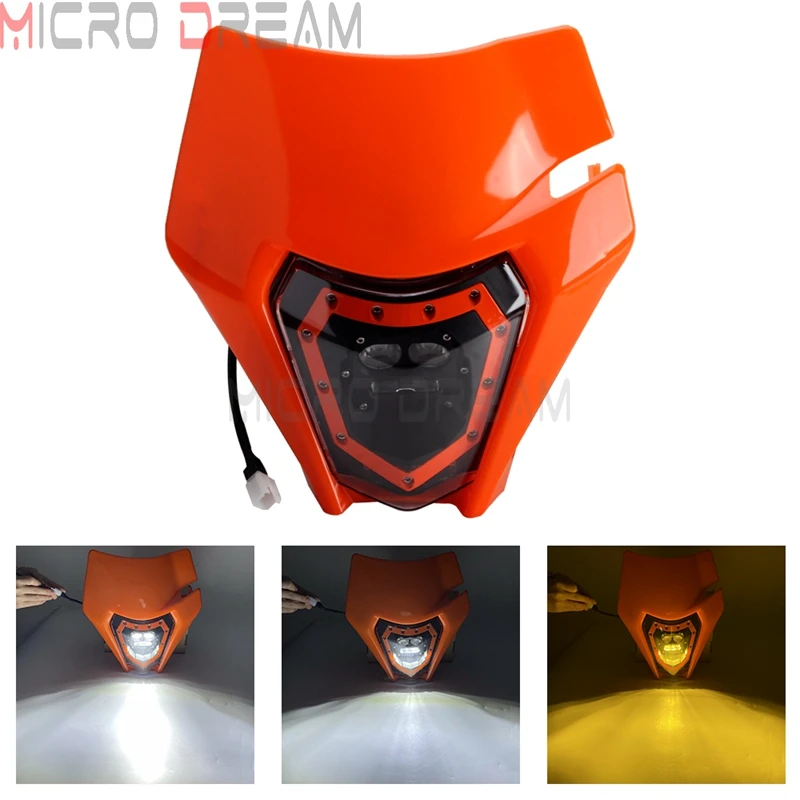 Dirt Bike Enduro E8 LED Headlight Mask For EXC XCW FE TE 250 300 450 500 Yellow Light DRL Hi/Lo Beam Lamp Universal For Kawasaki