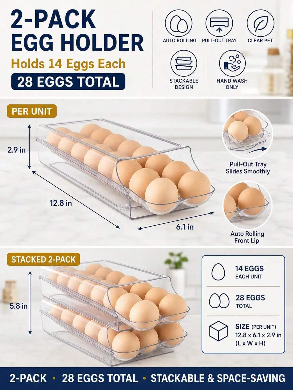 2-Pack Clear Automatic Rolling Egg Holder, Stackable Fridge Drawer Organizer, 28 Eggs Total, Clear Egg Drawer for Pantry