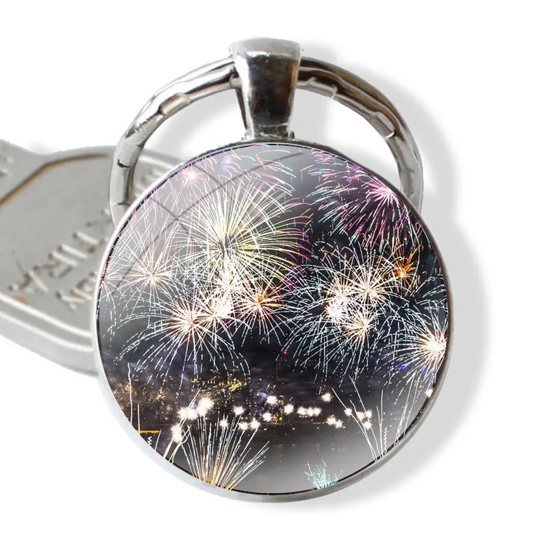 Fireworks White Flowers Lovely Design 25mm Glass Cabohcon Keychain Key Rings for Women Men Jewelry Gift