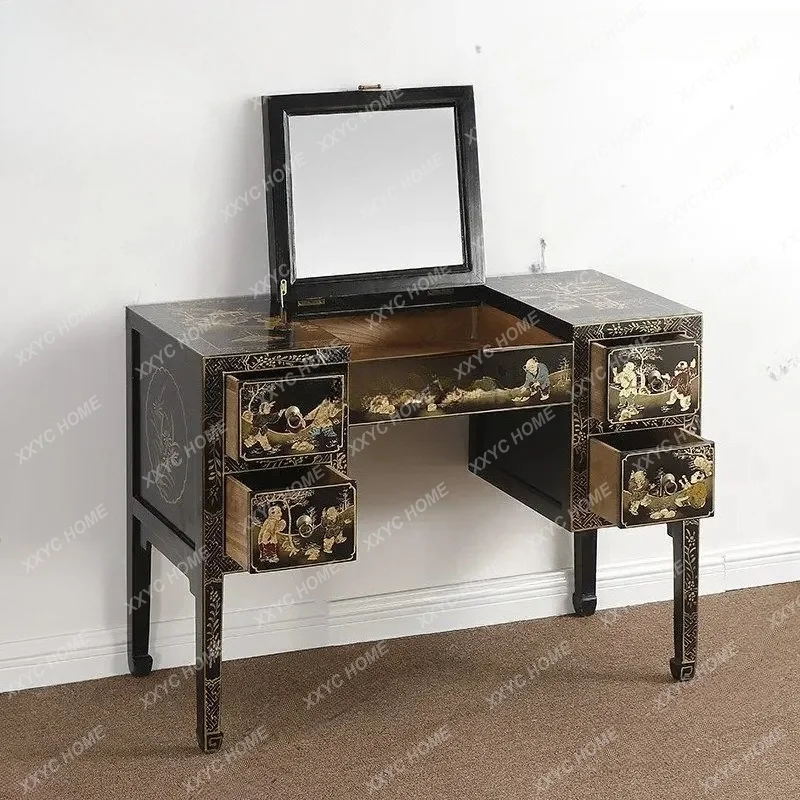 XX New Chinese dresser hand-painted gold-painted black paint dresser solid wood storage clamshell classical furniture