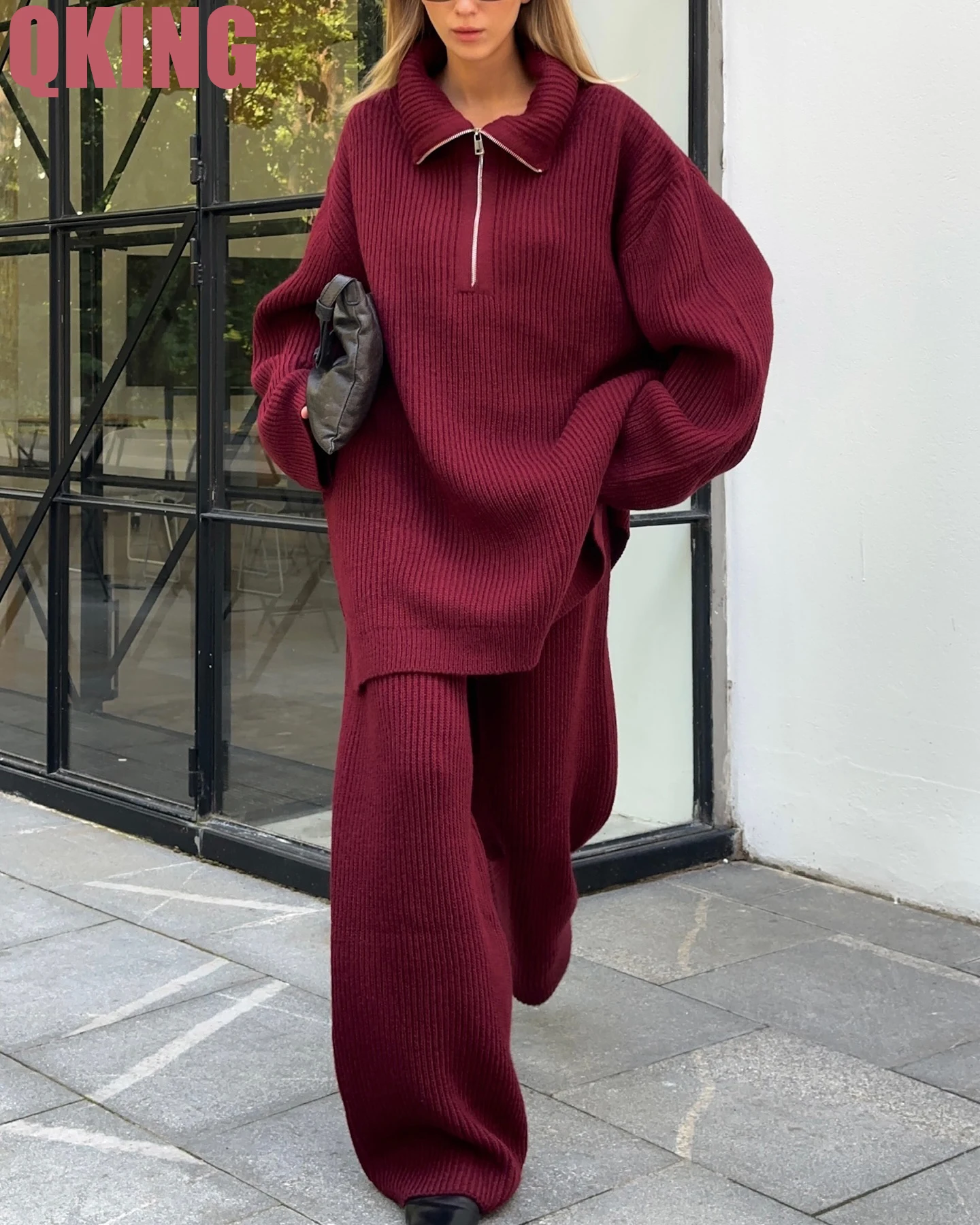 Sweater Set Loose Half Zipper Long Sleeves Woolen Top Pulling Rope Tightness High Waist straight-leg  Casual Pants  Suit