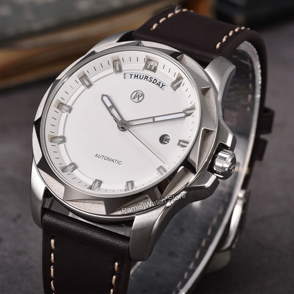 Parnis 43mm White Dial Sapphire Crystal Calendar Week Display Automatic Mechanical Men Watch