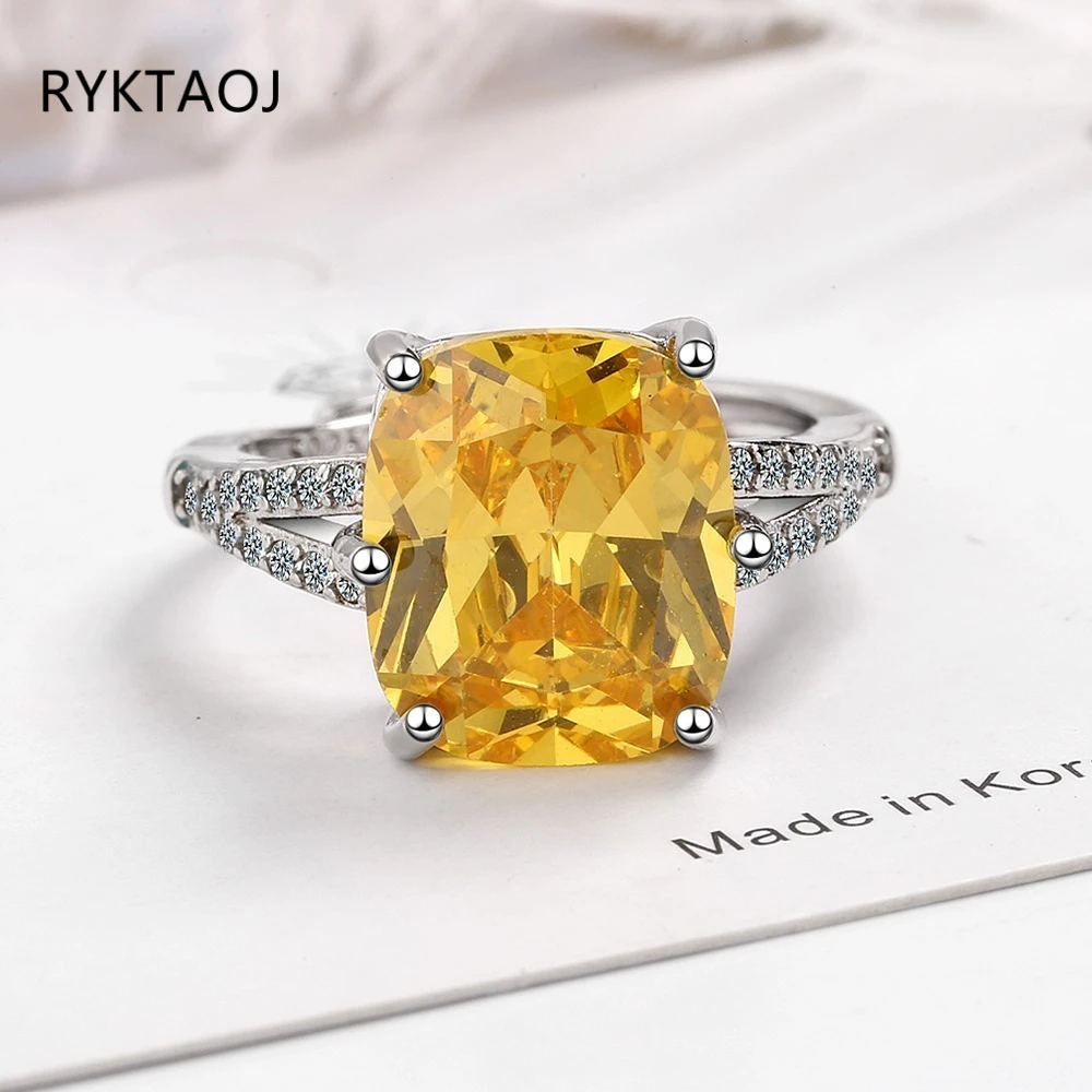 925 Sterling Silver Cushion Cut Yellow Cubic Zirconia Ring for Women, 6 Prong Split Shank Paved CZ Statement Fine Jewelry Gift