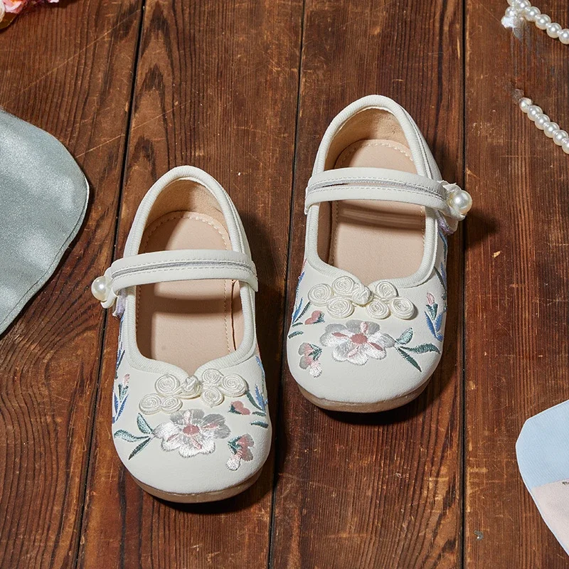 Children Hanfu Flat Shoes Kids Traditional Chinese Style Girls Fashion Shoes Handmad Embroidered Princess Ancient Costume Shoes