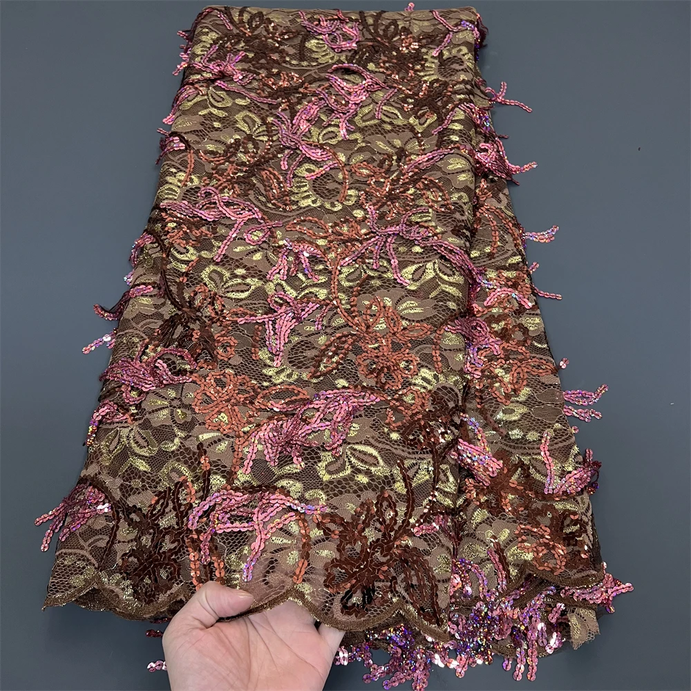 

2025 High Quality African Nigerian With Tulle Lace Fabric Sequins Embroidery Dresses Beads Sewing Guipure Prom 5Yards PS0072