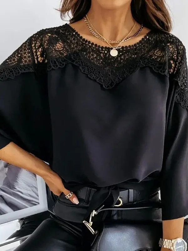ピュアカラーレース長袖シャツレディースストリートスタイルルーズフィットプリンセススリーブラウンドネックカジュアルファッション春夏