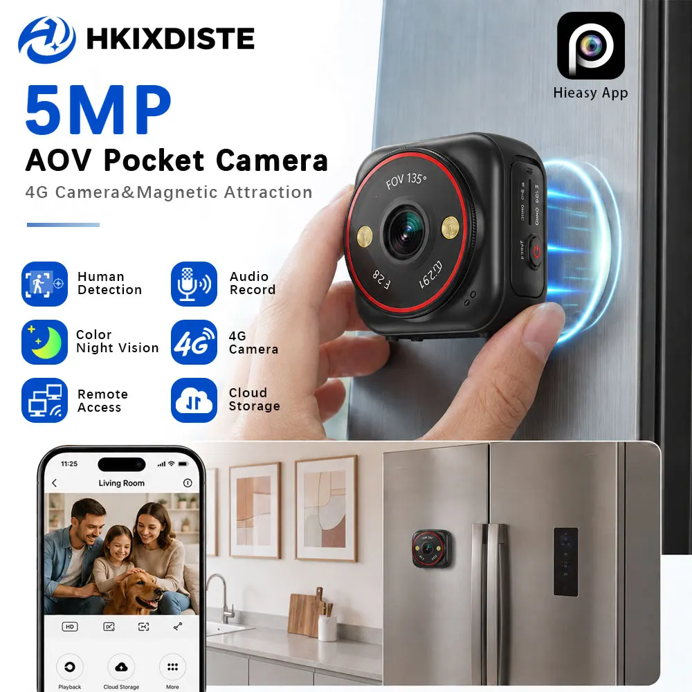 5MP 4G Magnetic Mini Security Camera AOV Pocket Camera 2-Way Audio Human Detection Color NightVision Remote Access Cloud Storage