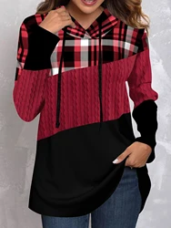 Women's casual Sweatshirt，Colorblock Plaid Print Long Sleeve Drawstring Hoodie