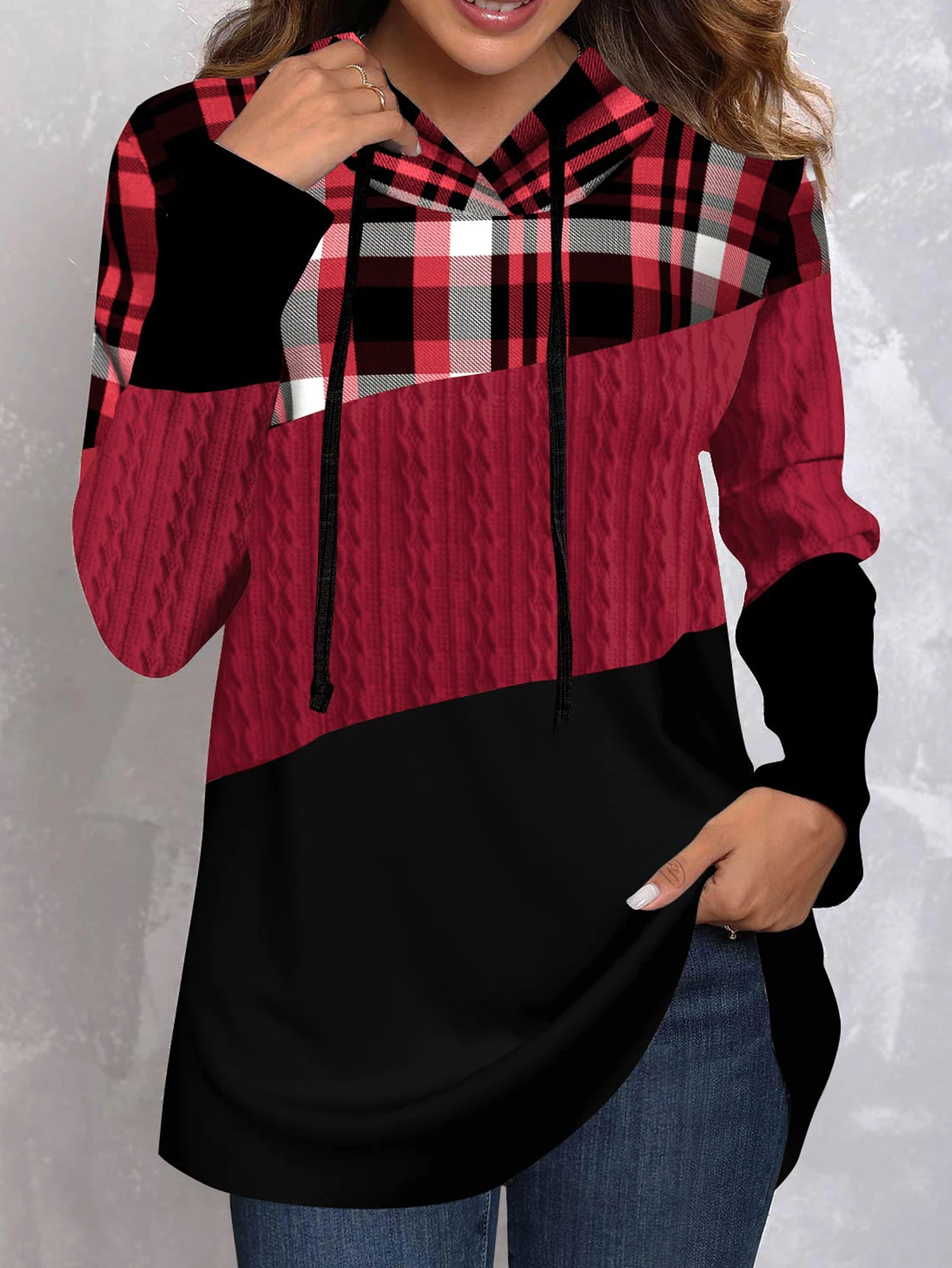 Women's casual Sweatshirt，Colorblock Plaid Print Long Sleeve Drawstring Hoodie