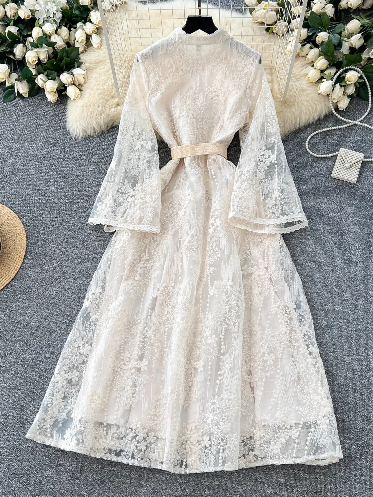 France Elegant Vintage High End Evening Dress Women Embroidery Sashes Luxury Long Party Dress Female Casual Fit Chic Clothing