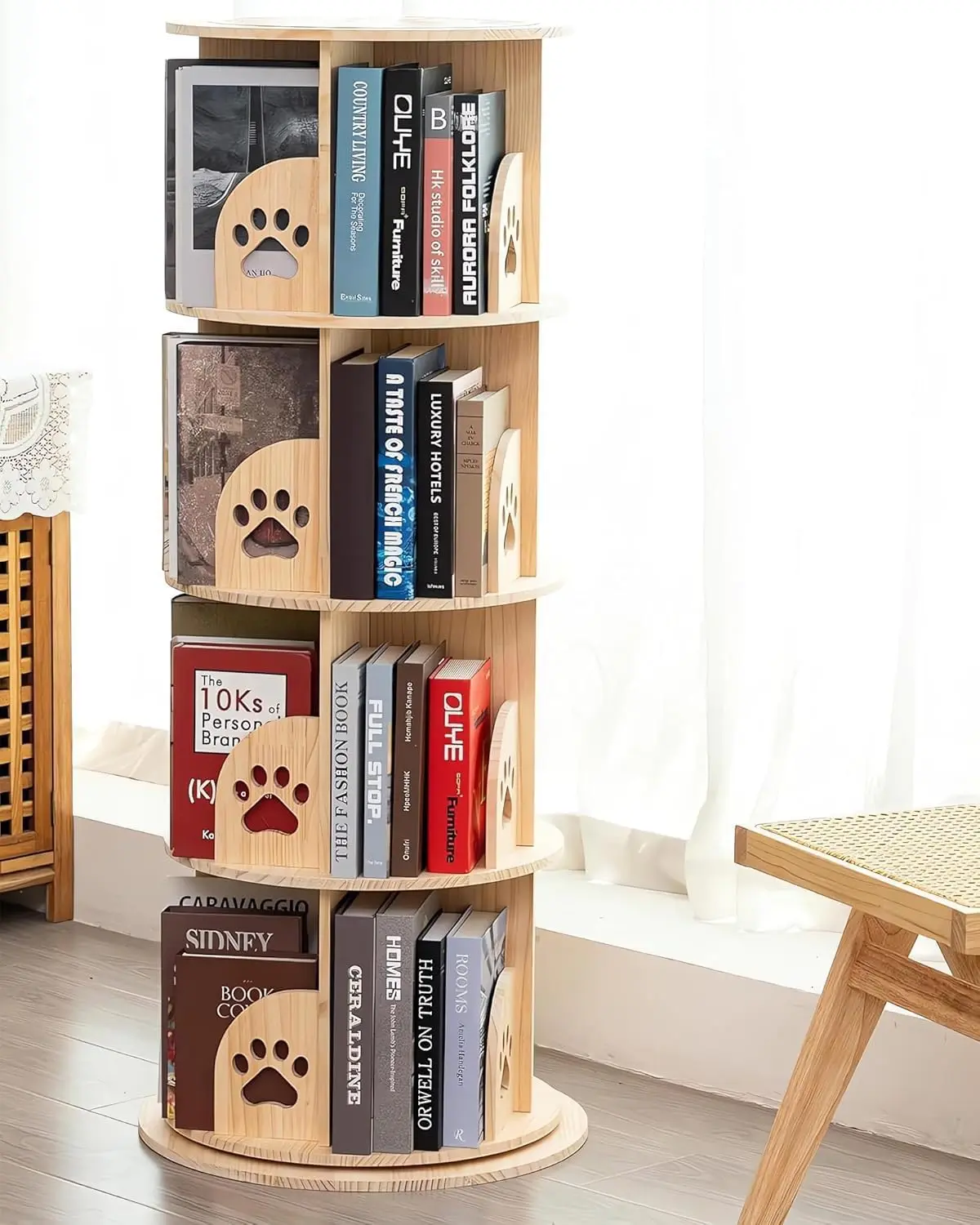 4 Tier Rotating Bookshelf Kids, 360 Display Floor Standing Bookcase Storage Rack for Kids&Adults Solid Wood
