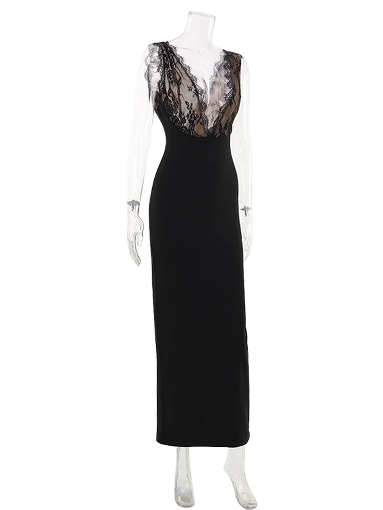 CNYISHE Halter Lace Patchwork Sheer V Neck Sleeveless Backless Women Dresses Sheath Hip Wrap Fashion Summer Solid Female Bodycon