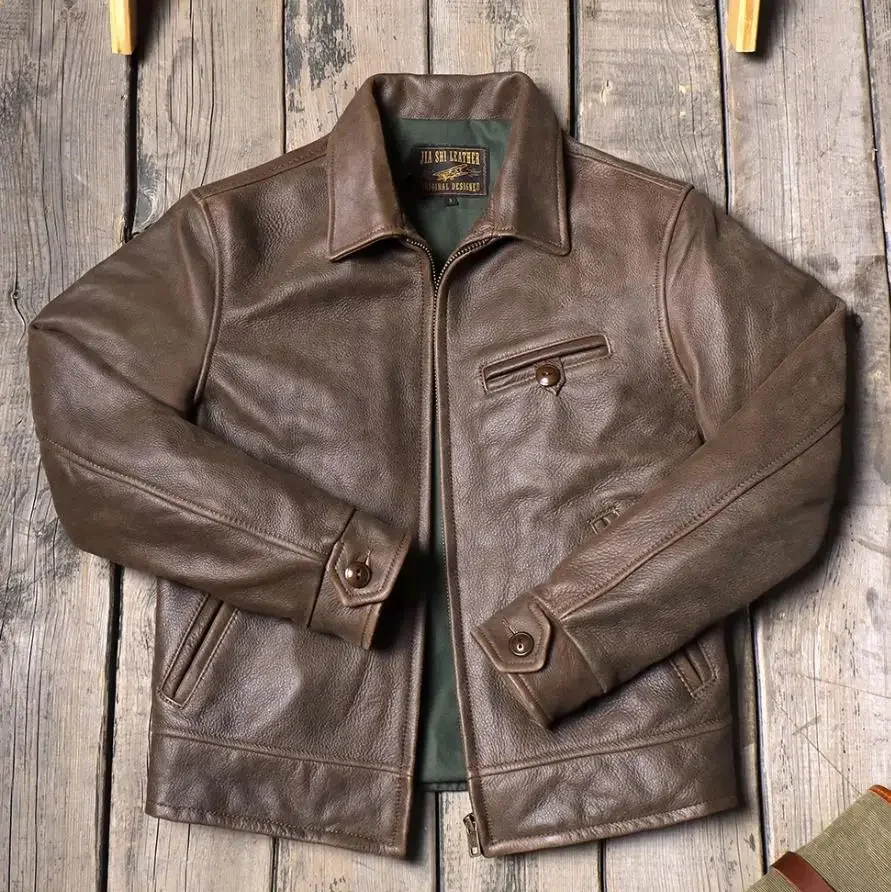 Shop Best. Chaqueta de cuero genuino Vintage marrón de los años 40 para hombre. Abrigo de piel de vaca de lujo italiano. Tela natural ajustada de calidad