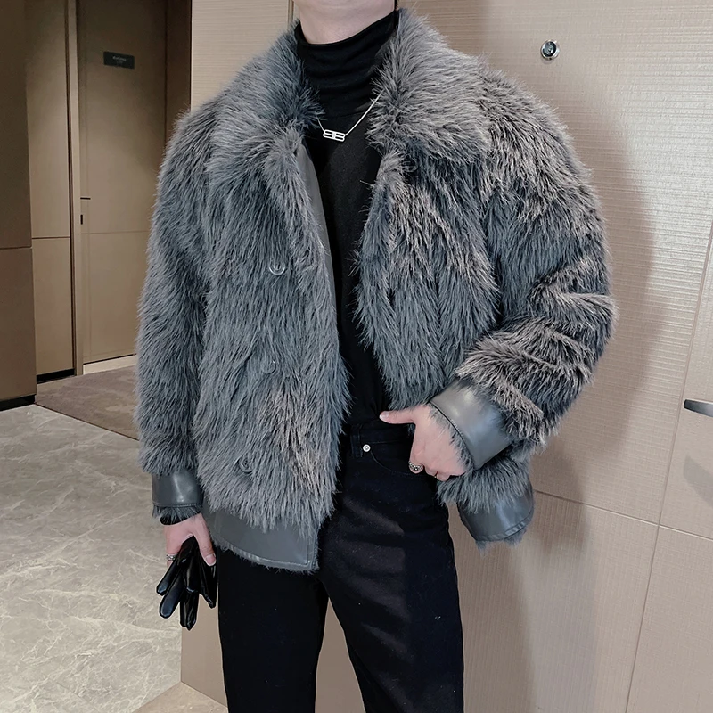 

2023Winter Men's Faux Fur Jackets Loose Streetwear Coat Fashion Double Breasted Buckle Casual Warm Outdoor Motorcycle Overcoat