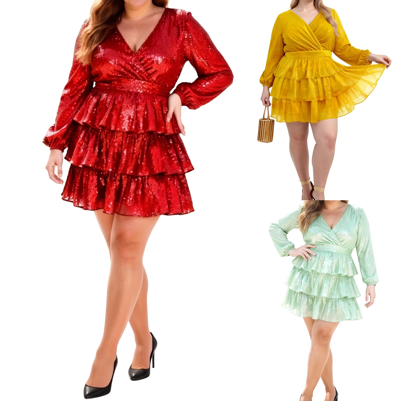 

2026 Модные женские осенние короткие платья больших размеров Стильные многослойные оборки с блестками и V-образным вырезом с длинными рукавами А-силуэта Мини-платья