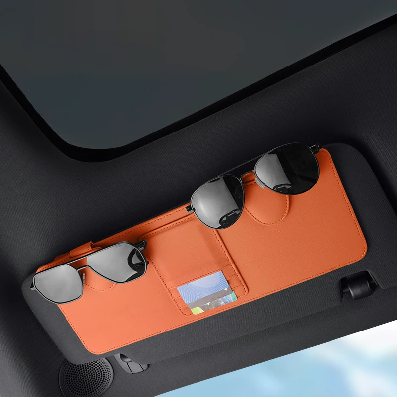 

Комплект из 2 кожаных держателей для солнцезащитных очков на козырек автомобиля с органайзером, магнитным зажимом для очков, многофункциональным отделением для хранения, аксессуары для салона автомобиля