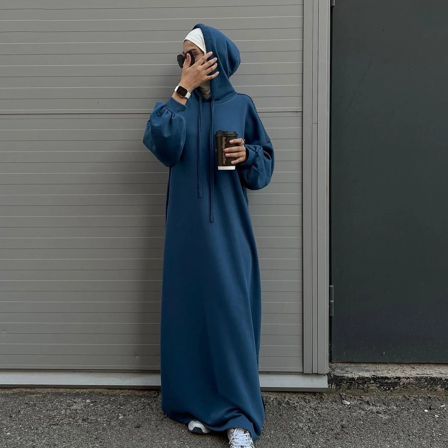 

Modest Cotton Hooded Dress Casual Long Sleeve Hoodie Dress Middle East Muslim Plain Abaya Turkish Oversized Hoodie Dress