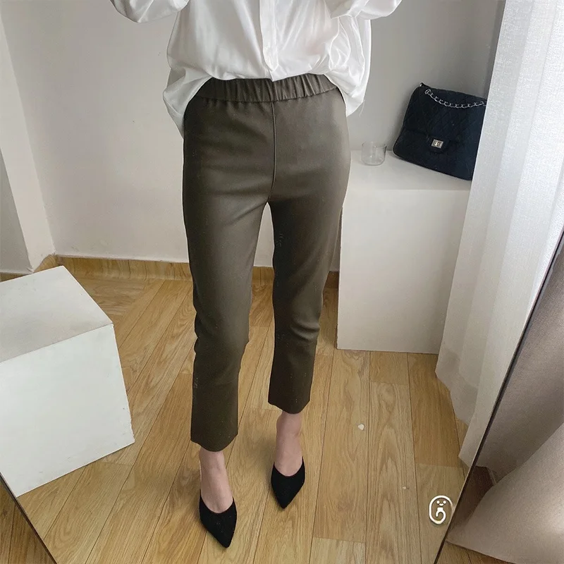 

Faionable High-Waist Straight Leg eepskin Leather Pants Real Leather Commute Friendly Slimming Nine-Piece Pants