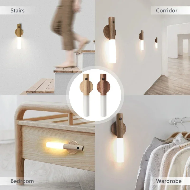 LED Human Body Induction Night Light Wood Sensor Light Night USB Rechargeable Corridor Cabinet Wall Lighting with Magnetic Base