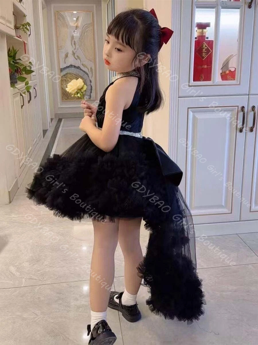 

Black Tulle Girls Princess Dress Halter Sleeveless Puffy Tutu Knee-Length Flower Girl Dress with Bow/Detachable Train Custom