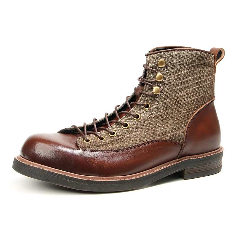YETTIES Botas de combate Amekaji con punta corta para hombre, botas de paracaidista de cuero genuino, botas de trabajo de estilo británico vintage de caña alta