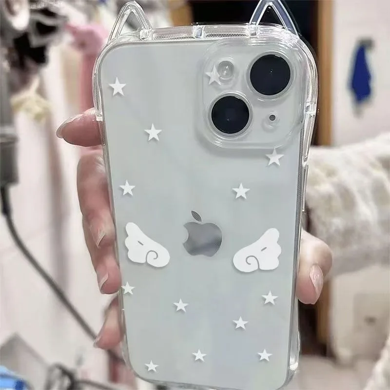 Coque Souple pour iPhone 17 Pro Max Air 16 15 14 11 Pro Max 13 12 XS Max XS XR X avec Motifs Ailes d'Ange, Étoiles et Oreilles de Chat