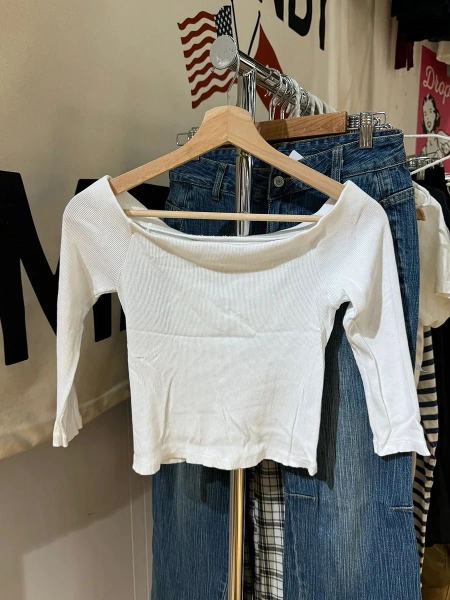 White Ribbed Slim Three Quarter Sleeve T-Shirt Women Summer Sexy Slash Neck Cotton Tees American Vintage Streetwear Y2k Tops