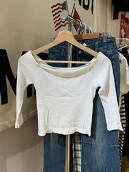 White Ribbed Slim Three Quarter Sleeve T-Shirt Women Summer Sexy Slash Neck Cotton Tees American Vintage Streetwear Y2k Tops