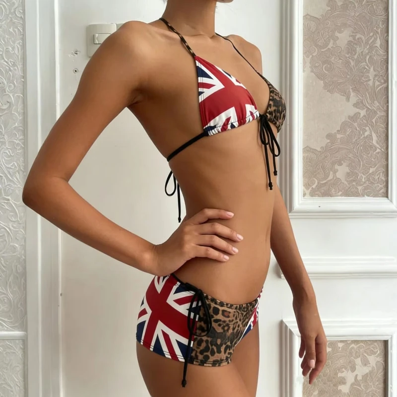 Sexy Spice Girl Harajuku Beach Vacation Bikini Set American Summer Casual Fashion Leopard Flag Printing Splicing Split Two Piece