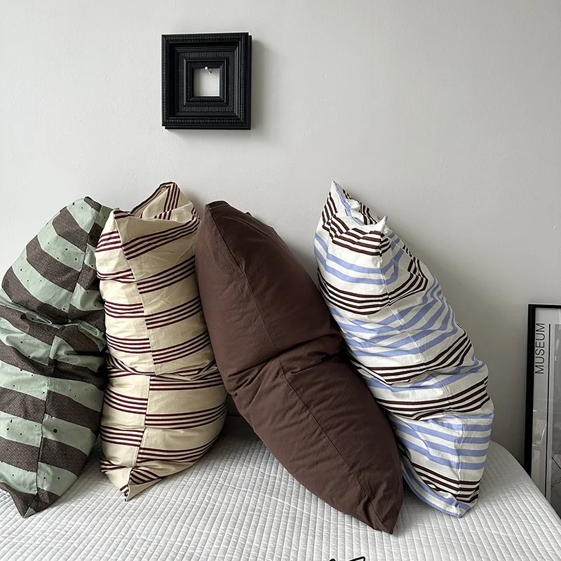 Cotton Pillowcase Stripe Single Pillow Solid Color Stripe Ins Cotton Washed Cotton Pillowcase Household