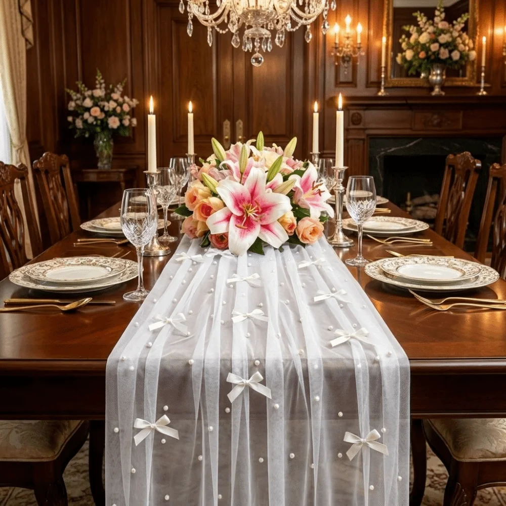Romantic Bow Pearl Chiffon Runner Semi-Transparent Polyester Tulle Table Runner Luxury Decorative Wedding Table Runner Party