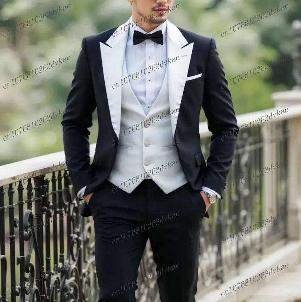 

New Black And White Formal Business Men Suit Groom Groomsman Wedding Party Prom Male Tuxedos 3 Piece Set Blazer Vest Pants