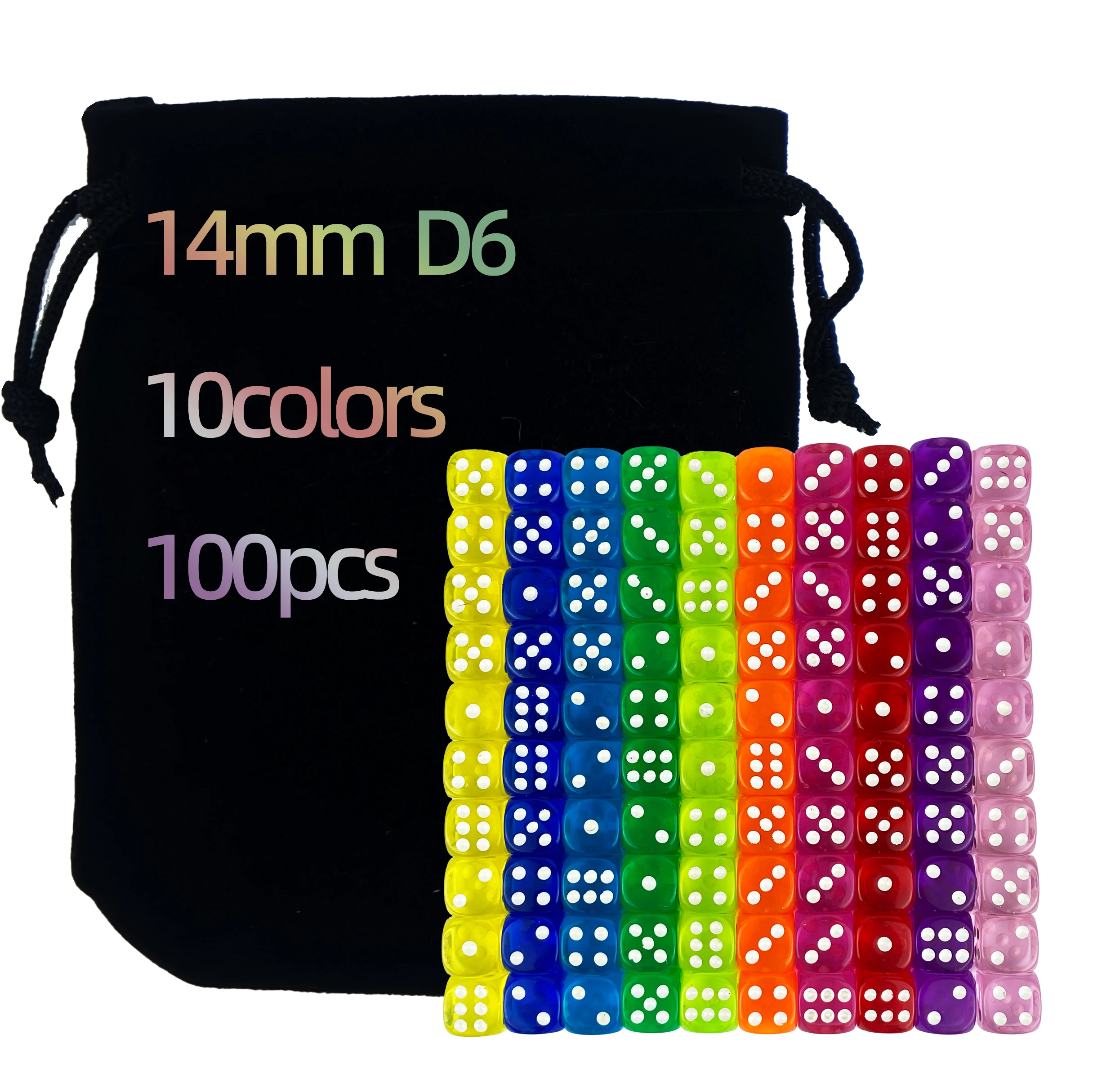 100 Pcs Per Package 10 Color 14mm Acrylic 6 Side D6 Round Corner Transperent Colorful Dice For Board Game Party Gift