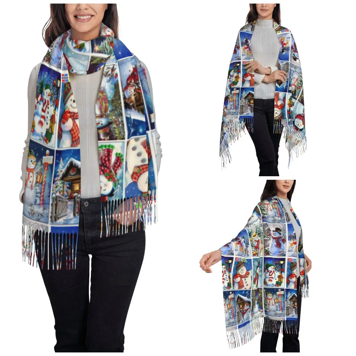 Women's Scarf with Tassel Merry Christmas Long Winter Fall Shawl Wrap Snowman New Year Daily Wear Cashmere Scarf