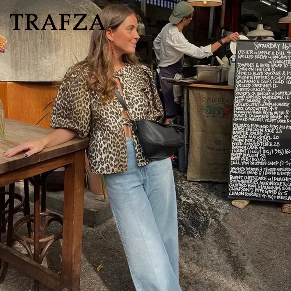 TRAFZA 2024 wiosna lato casualowa koszule z motywem lamparta moda damska koronka w stylu Vintage luźne bluzki O dekolt elegancki, szykowny bluzki