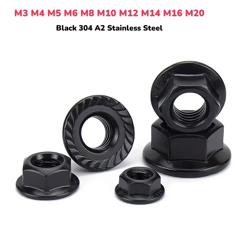 

M3 M4 M5 M6 M8 M10 M12 M14 M16 Black Flange Nut 304 A2 Stainless Steel Hex Hexagon Serrated Spinlock Flange Nut Locknut