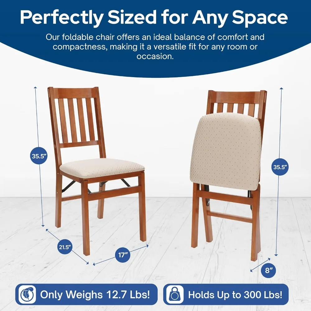 Set of 2 - No Assembly Foldable Dining Chairs,  Upholstered Cushion, Space-Saving,Holds 300 lbs, Compact 8in Storage Depth