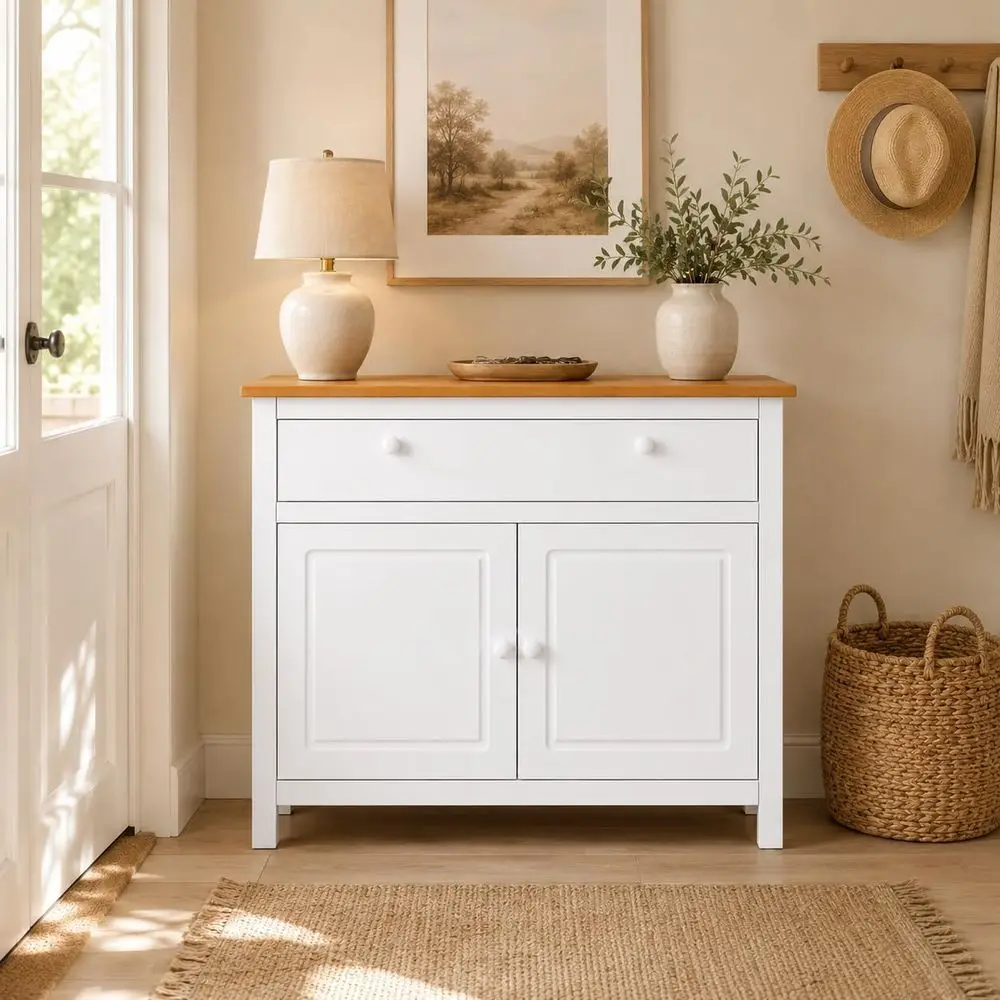 

44 Wide White & Pine Top Solid Pine Shaker Sideboard Buffet Cabinet — 2 Drawers, Adjustable Shelves, Anti-Tip — Ideal for Entryw