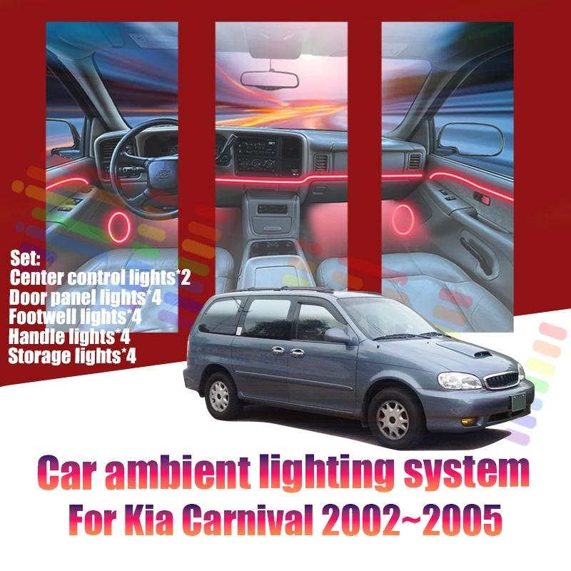 Luces LED Ambientales para Kia Carnival 2002~2005 KV-II MK1, Luces de Atmósfera Coloridas, Tira de Neón Interior para Auto, Iluminación RGB de 64 Colores