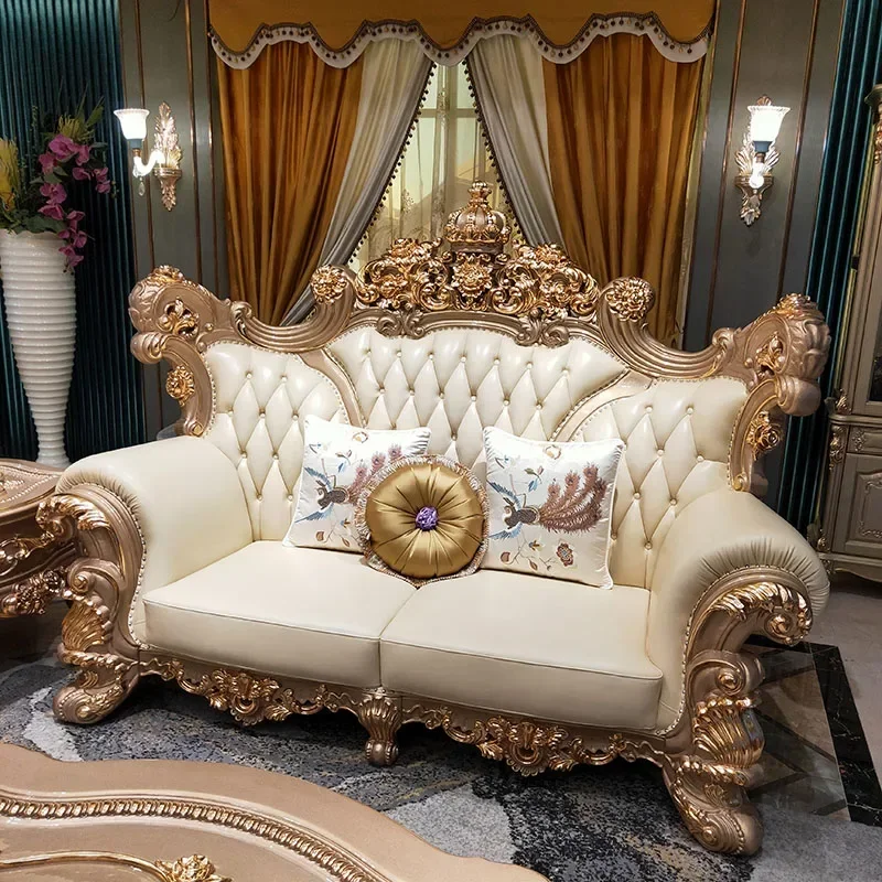 European crown sofa Large villa living room 1+2+4 combination imported first layer leather sofa champagne gold