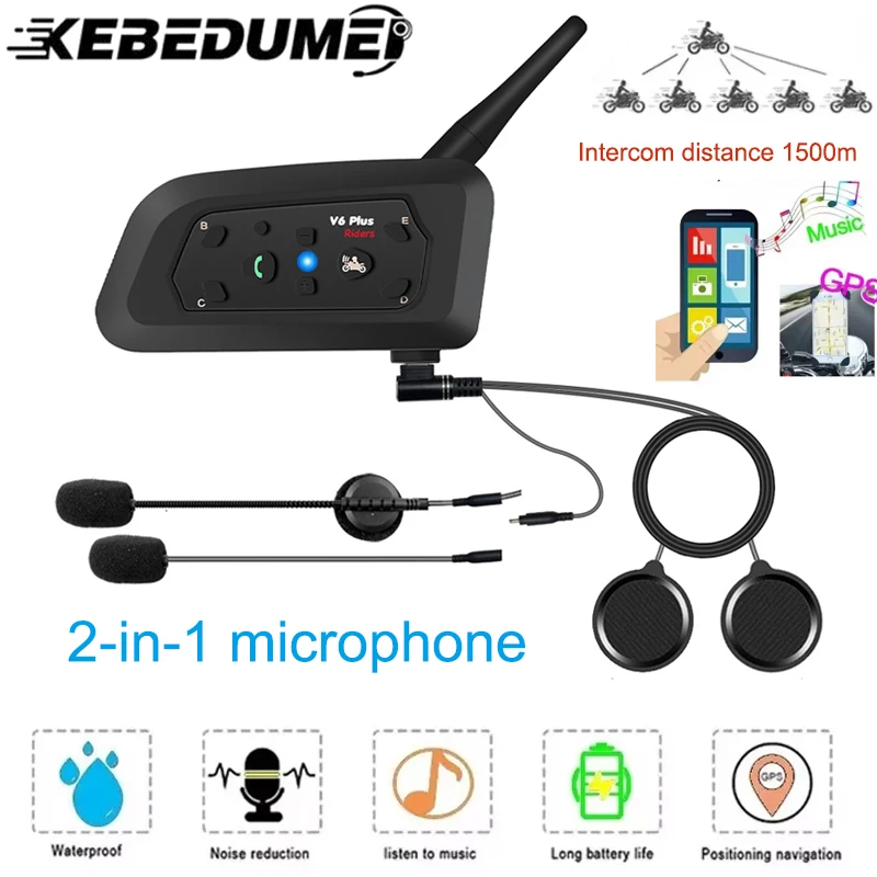 V6 PLUS Motorcycle Bluetooth Helmet Intercom Headset Waterproof Music Player 1500M Interphone Communicator for 6 Riders