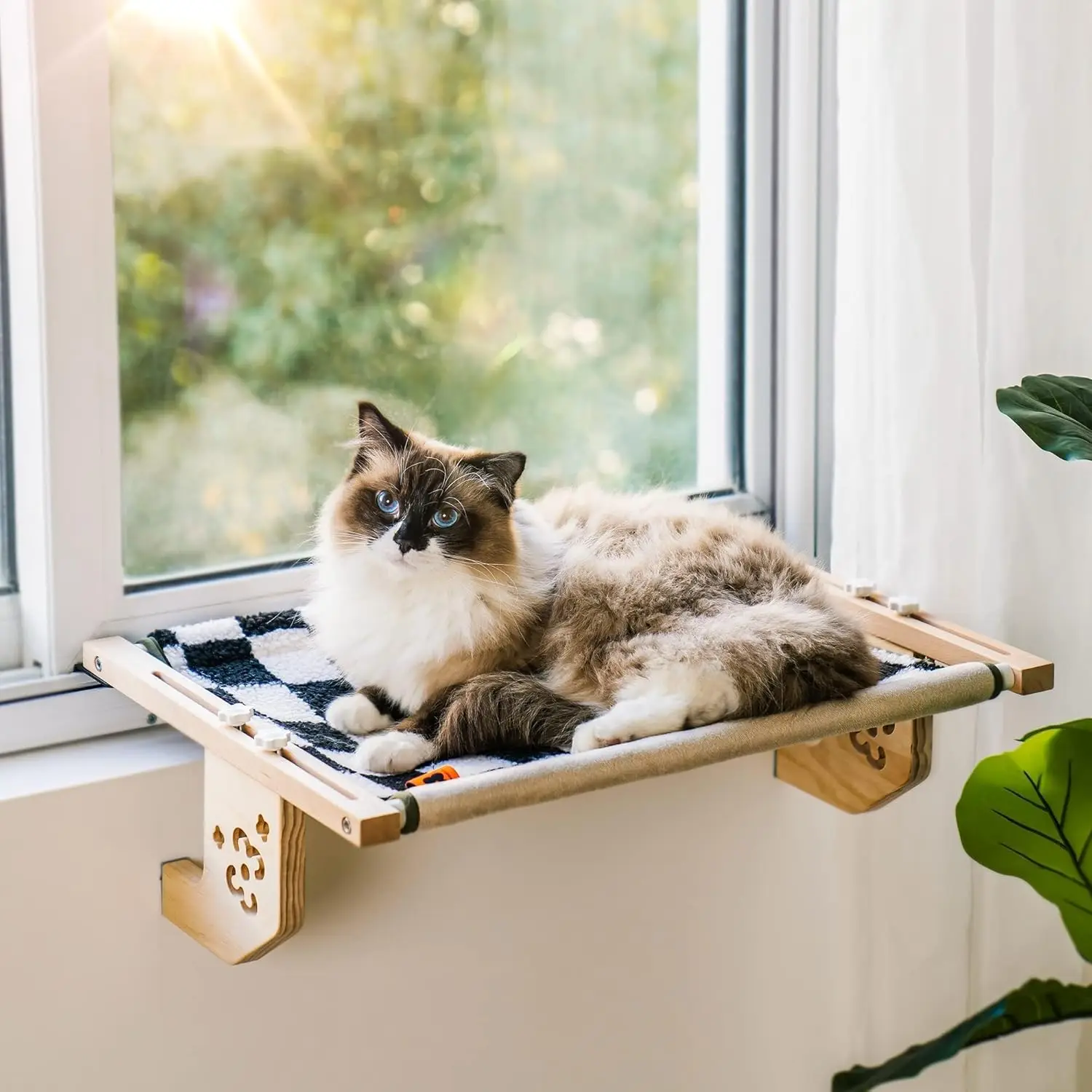 Mewoofun Katze Fenster Barsch Holz Metallrahmen einfach zu montieren für Fensterbank Nachttisch und Schrank mehr beige Schachbrett